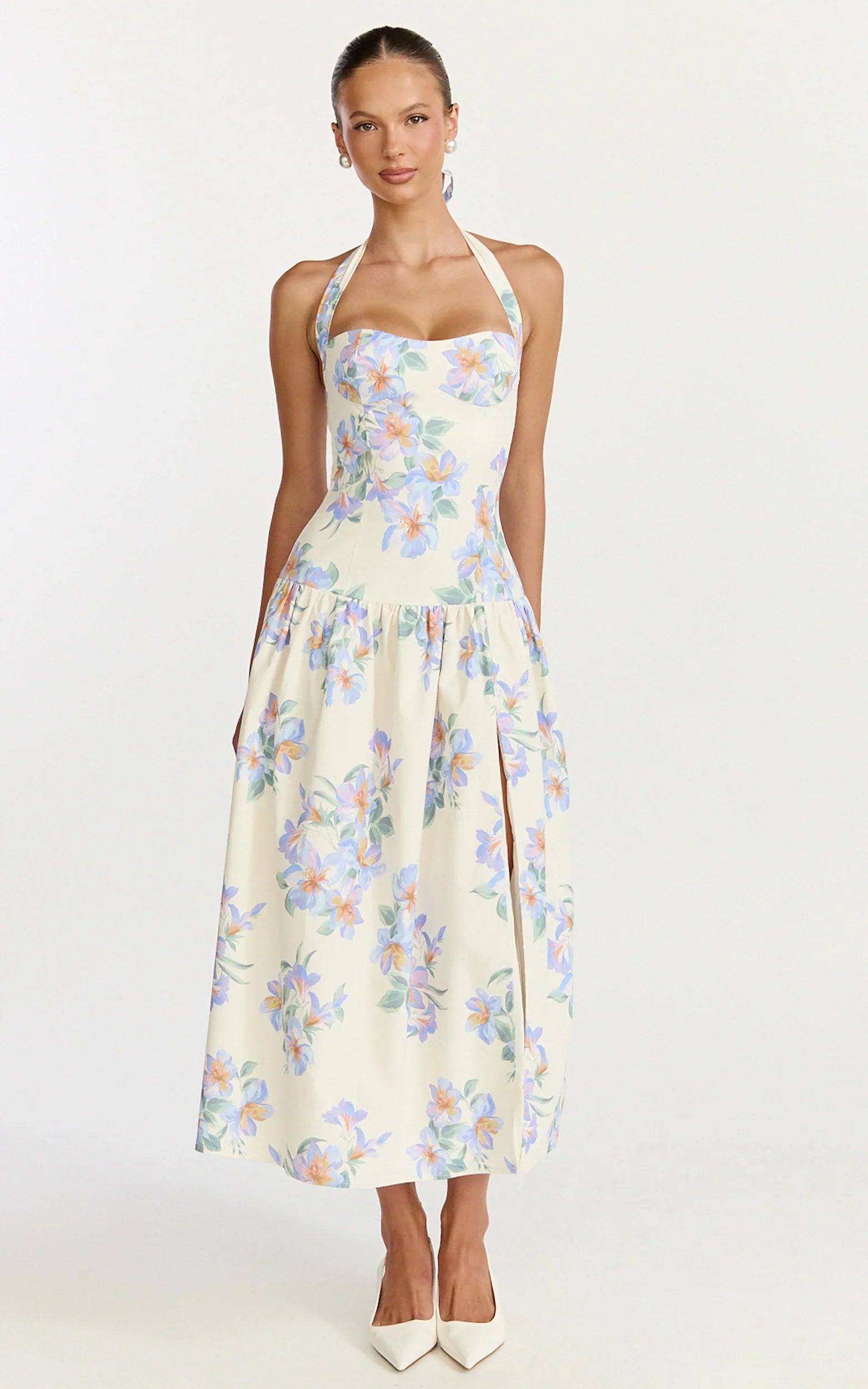 Astra Midi Dress - Halter Neck Drop Waist Dress in Astra Posey Floral Print