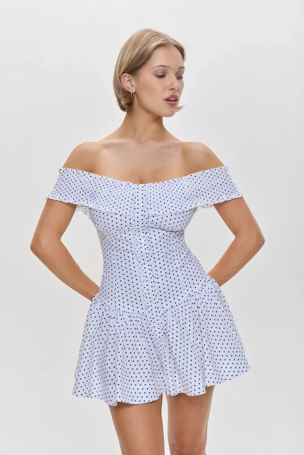 Mae Off Shoulder Mini Dress - White Polka Dot
