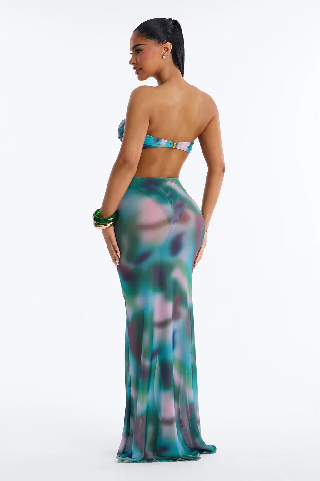 Poolside 2 Piece Bandeau Bikini and Maxi Skirt Set - Green/combo
