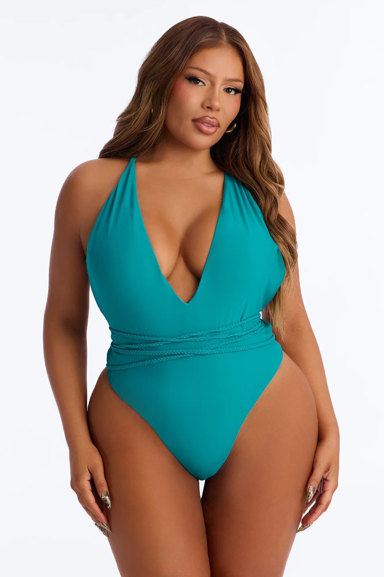 Hampton Heat 1 Piece Plunge Swimsuit & Cover Up Mesh Skirt Set - Teal