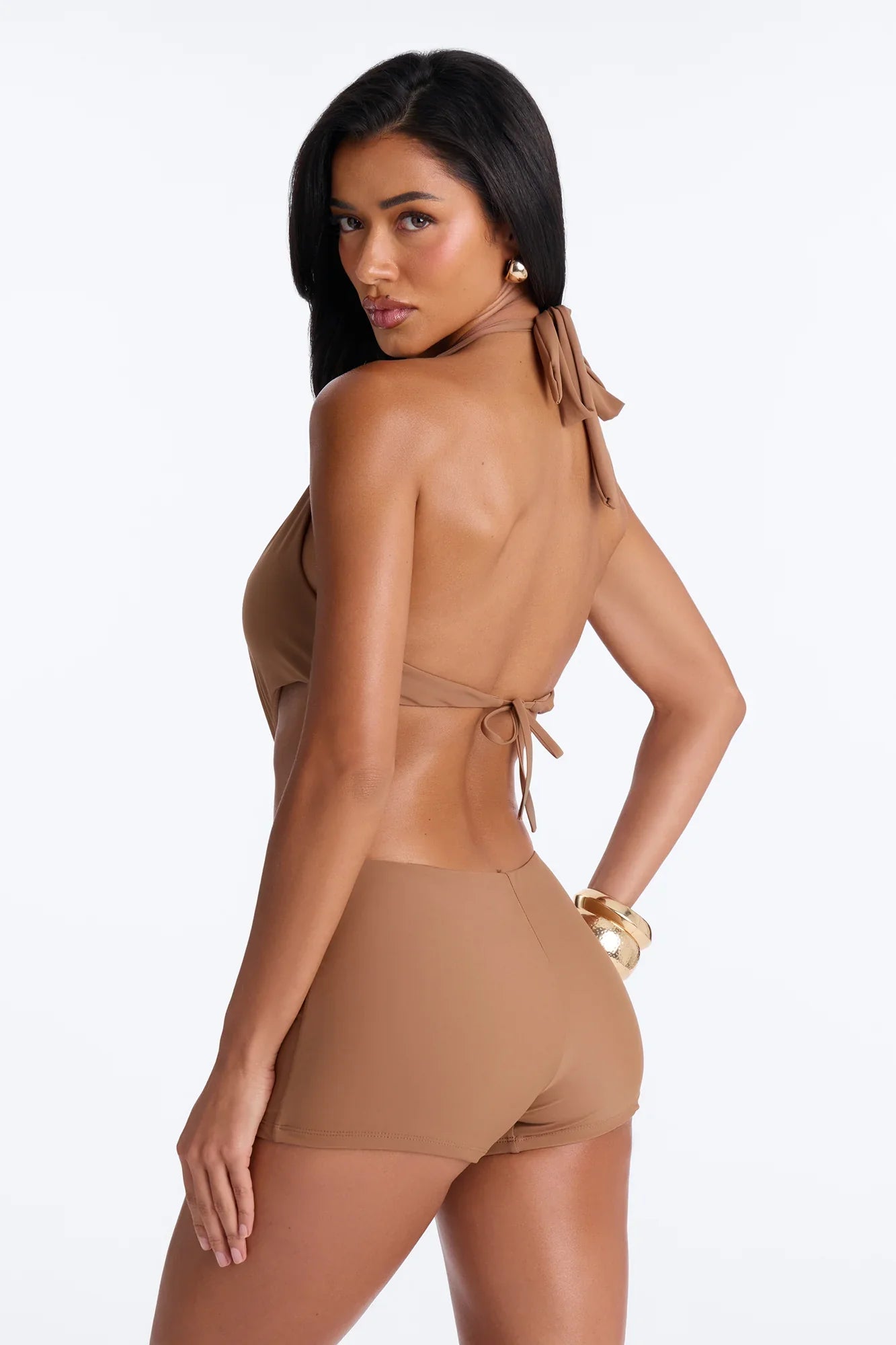 Unforgettable 1 Piece Plunge Cut Out Swimsuit Romper - Brown