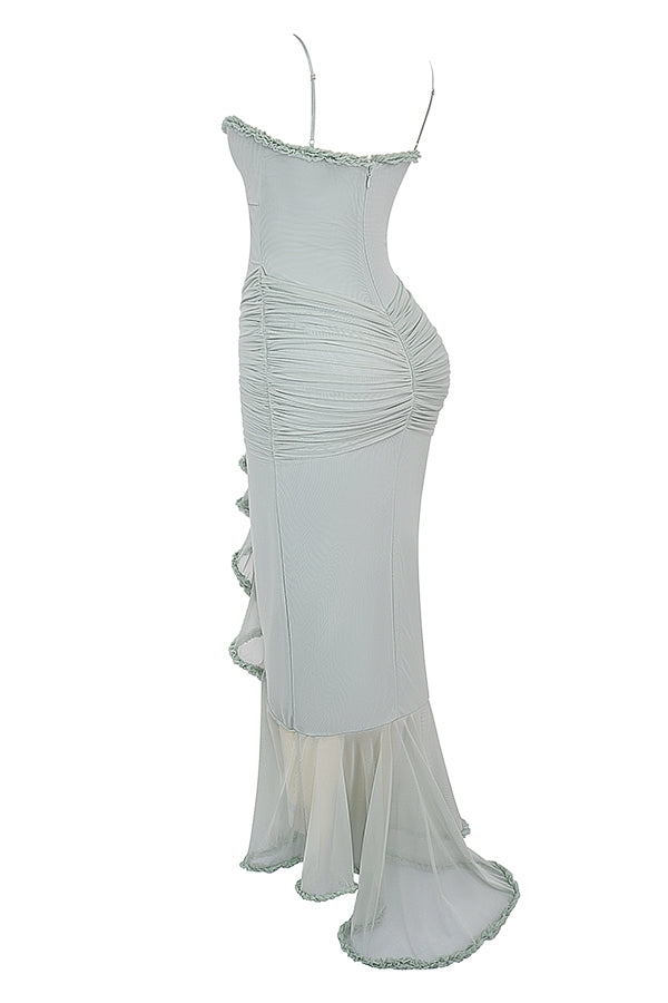 pistachio ruffled front gown