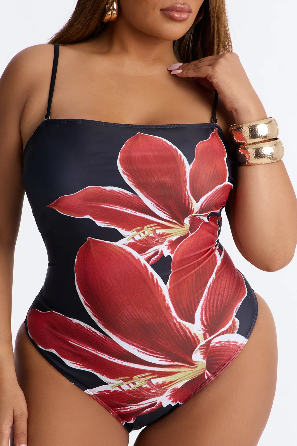 Nelissa Floral 1 Piece Strapless Swimsuit - Black/Red