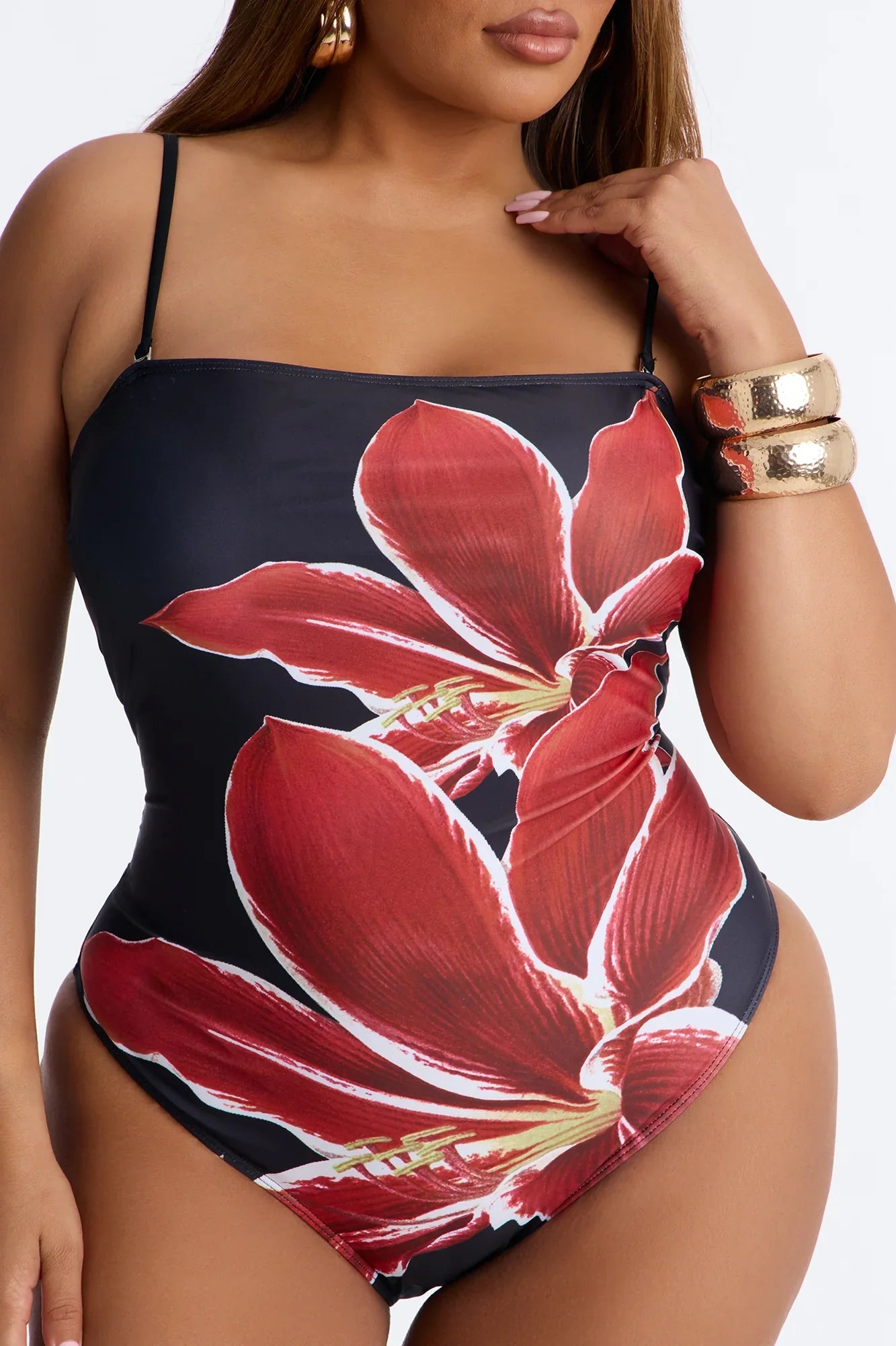Nelissa Floral 1 Piece Strapless Swimsuit - Black/Red