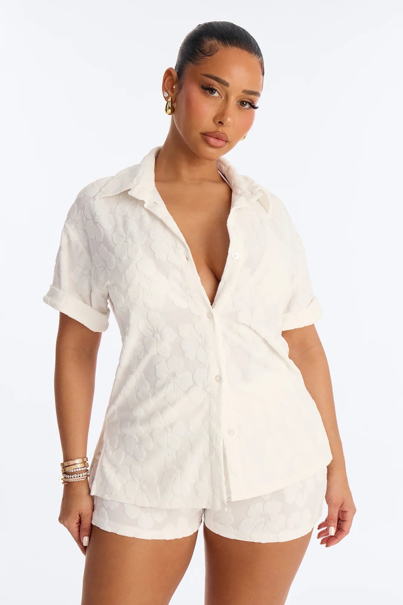 Cristal Textured Swim Cover Up Short Set - White