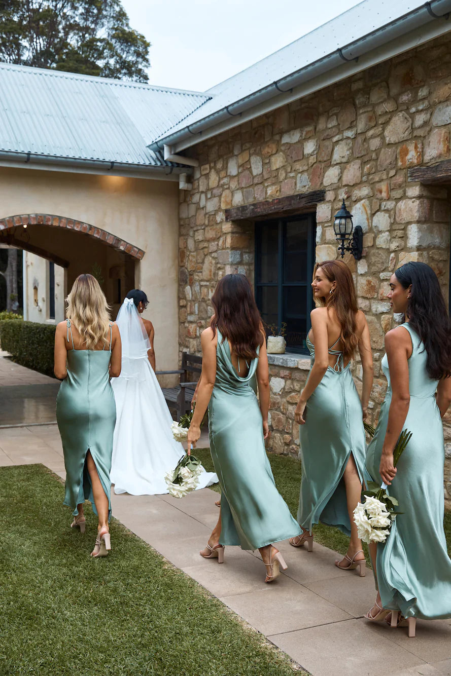 The Aurora One Shoulder Satin Maxi Dress Sage