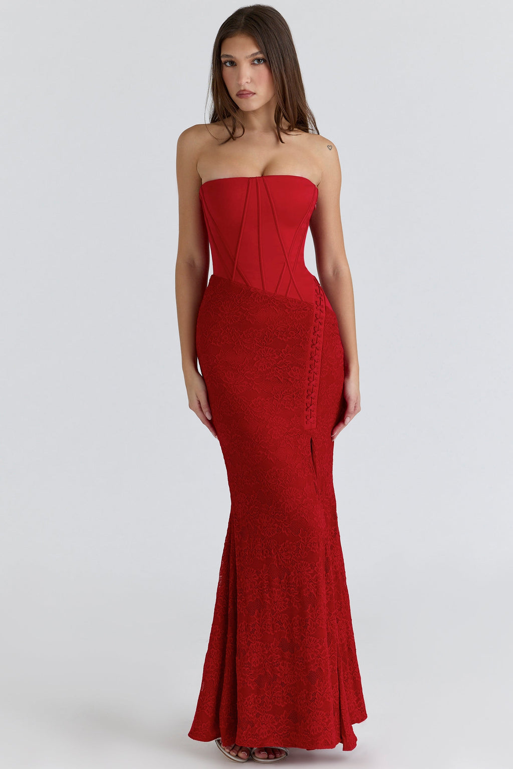 red satin lace strapless maxi dress