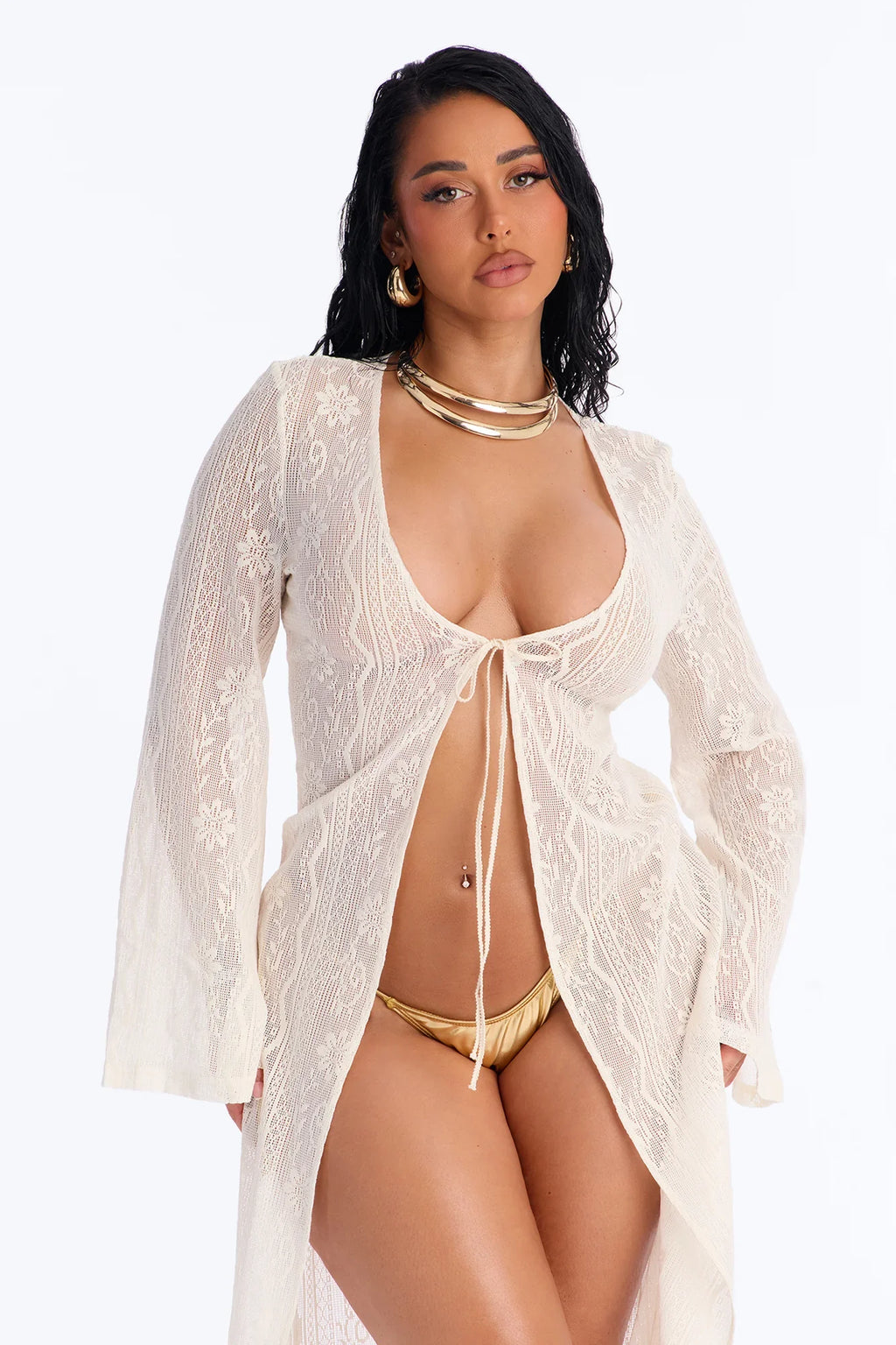 Milly Lace Long Sleeve Swim Cover Up Dress - White