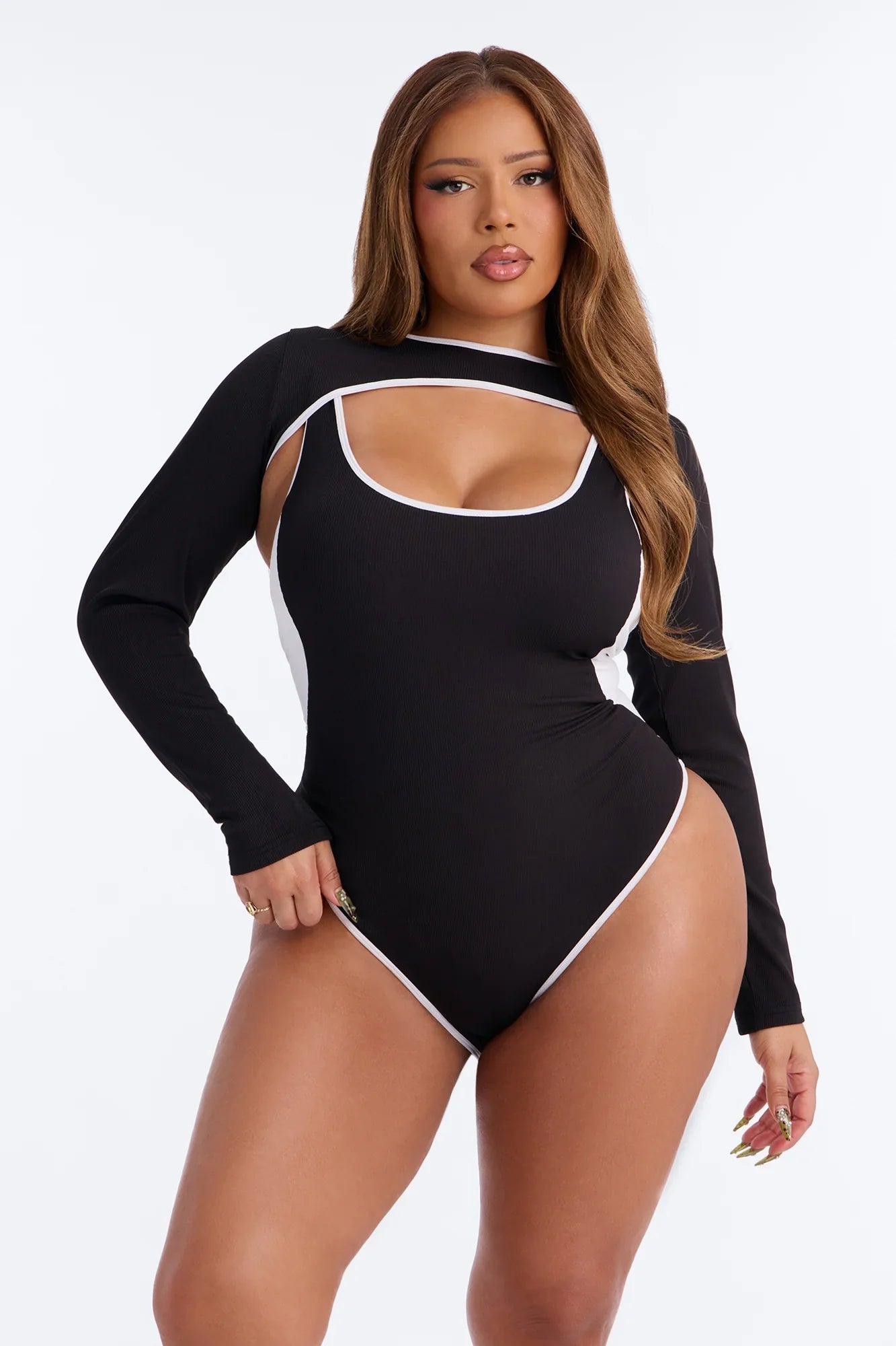 Beach Games Long Sleeve Shrug 1 Piece Swimsuit - Black/White