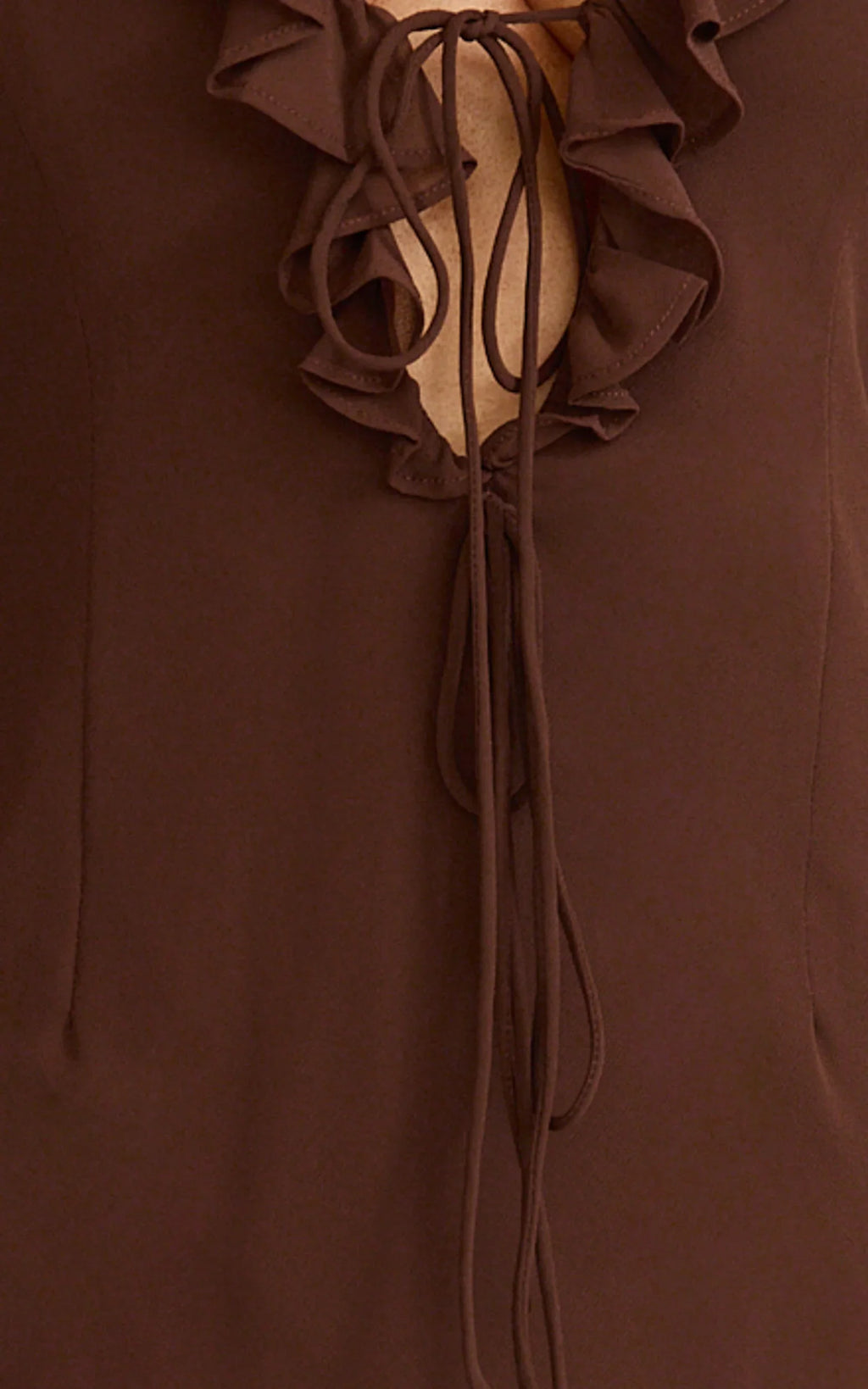 Alesya Mini Dress - Ruffle Plunge Neck Long Sleeve Tie Detail Dress in Chocolate
