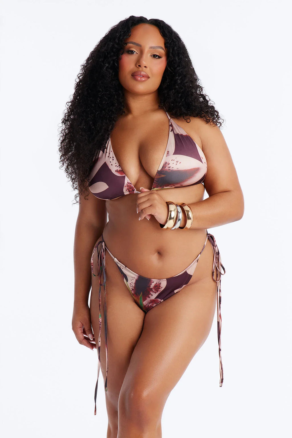 Sunset Sip Floral 3 Piece Bikini Sarong Set - Brown/combo