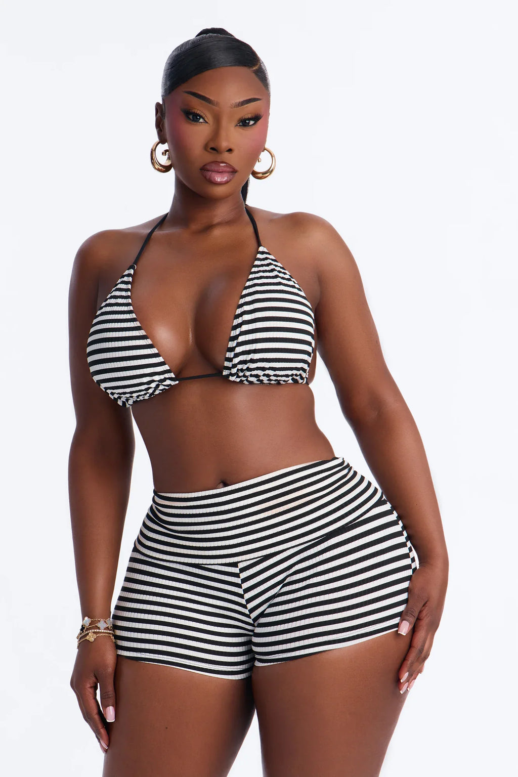 Found A Way Striped Bikini And Coverup Shorts - Black/White
