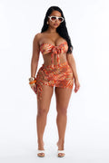 Kayla Tropical Lace Up Front Tie 3 Piece Bikini Skirt Set - Orange/combo