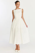 Casina Midi Dress - Boat Neck Tie Back Fit And Flare Dress in Off White