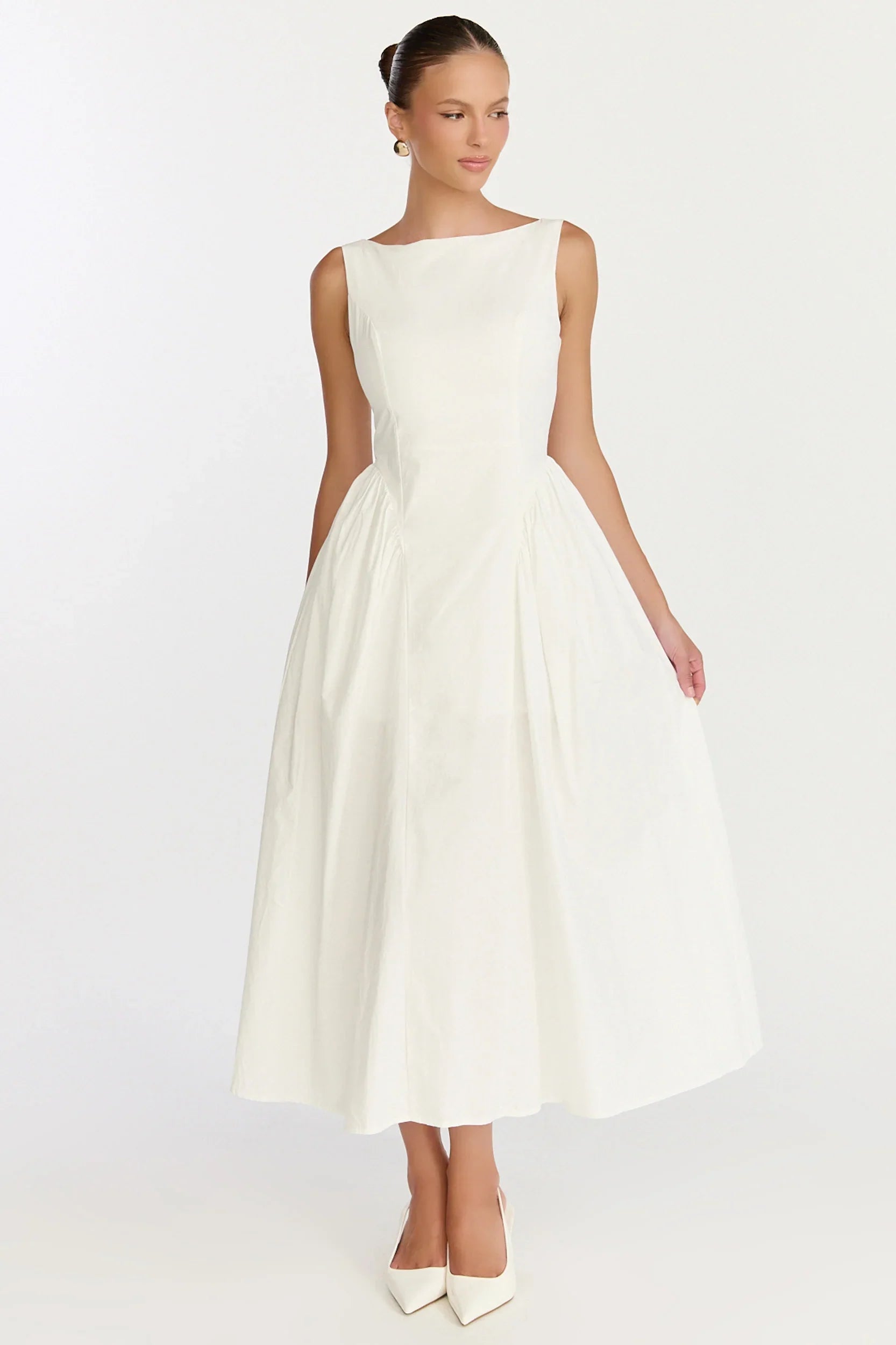 Casina Midi Dress - Boat Neck Tie Back Fit And Flare Dress in Off White
