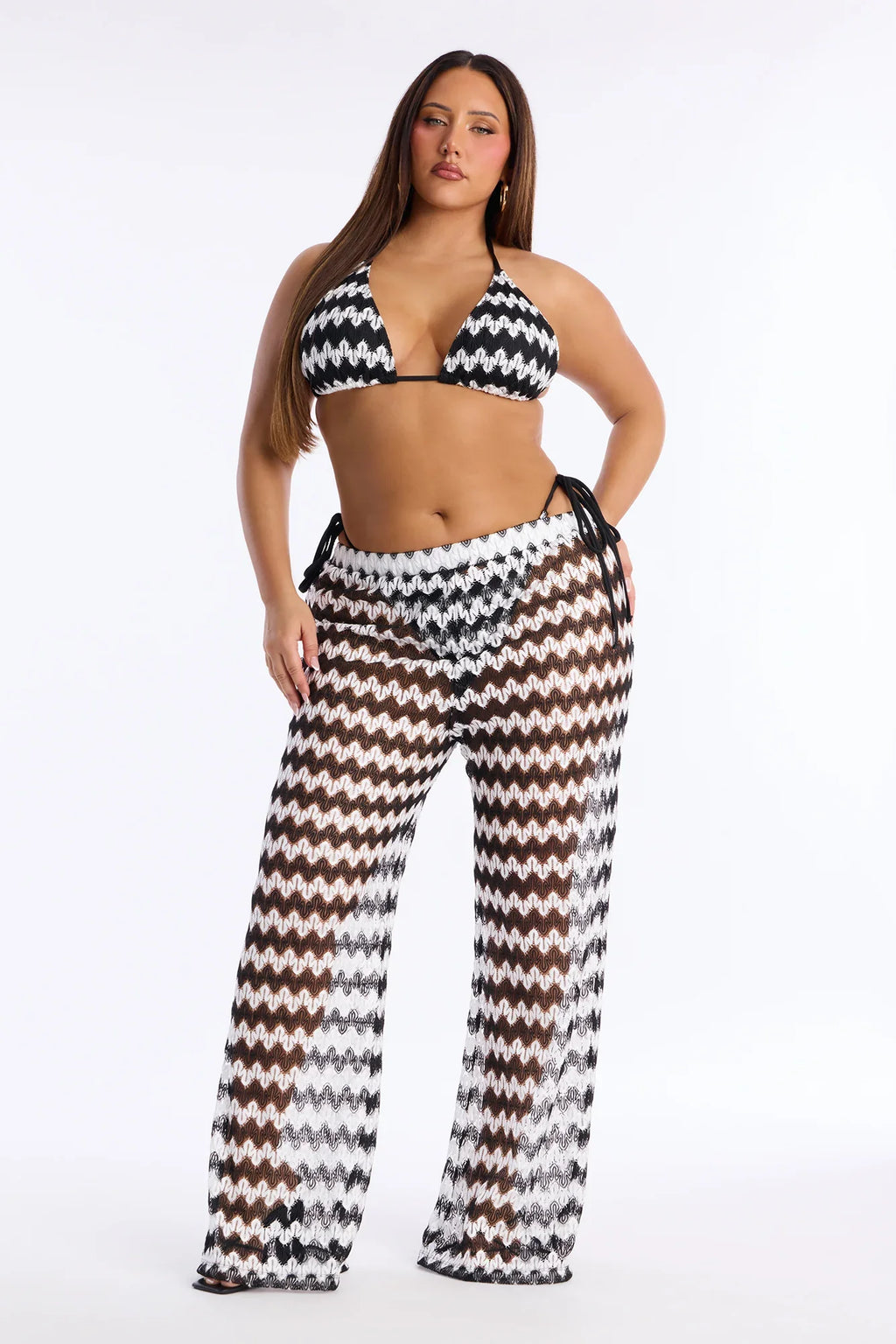 Bailey Crochet 3 Piece Bikini & Pants Set - Black/White