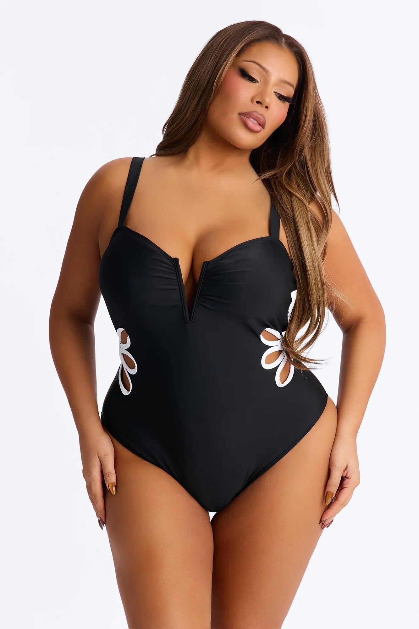 Livia V Wire Flower Cutouts 1 Piece Swimsuit - Black/combo