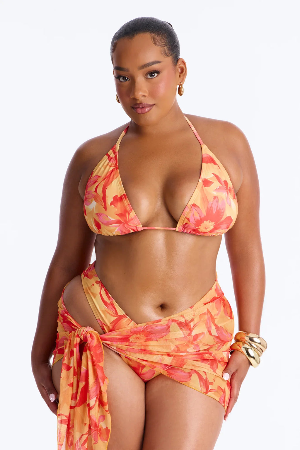 Lora Floral 3 Piece Triangle Bikini Set - Orange/combo