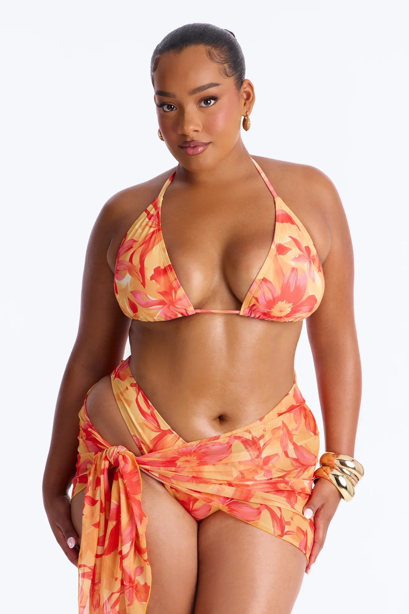Lora Floral 3 Piece Triangle Bikini Set - Orange/combo