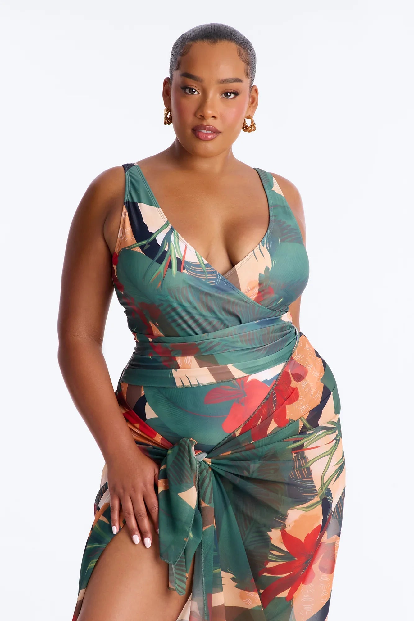 Solene 1 Piece Draped Swimsuit With Matching Sarong - Multi Color
