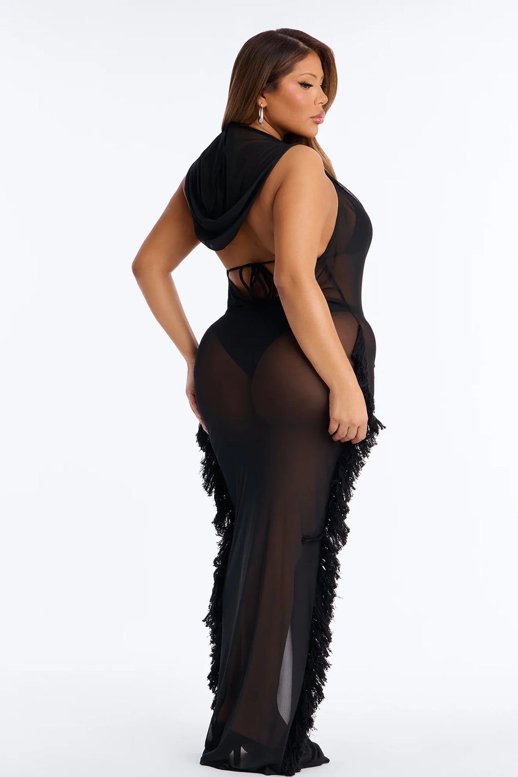 Keep Cool Fringe Hooded Mesh Cover Up Maxi Dress - Black