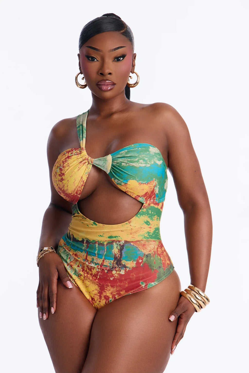 Areli Abstract One shoulder Cut Out 1 Piece Swimsuit & Sarong Set - Green/combo