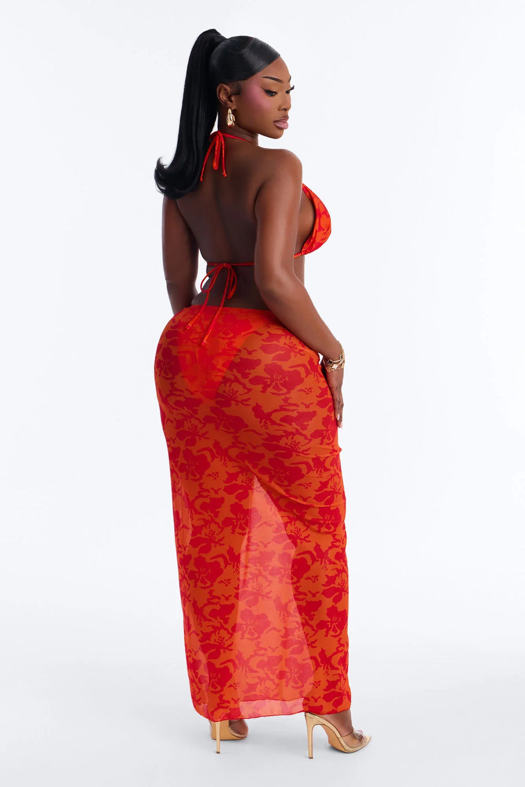 Mirella 3 Piece Floral Triangle Bikini & Cover Up Skirt Sunsuit - Orange