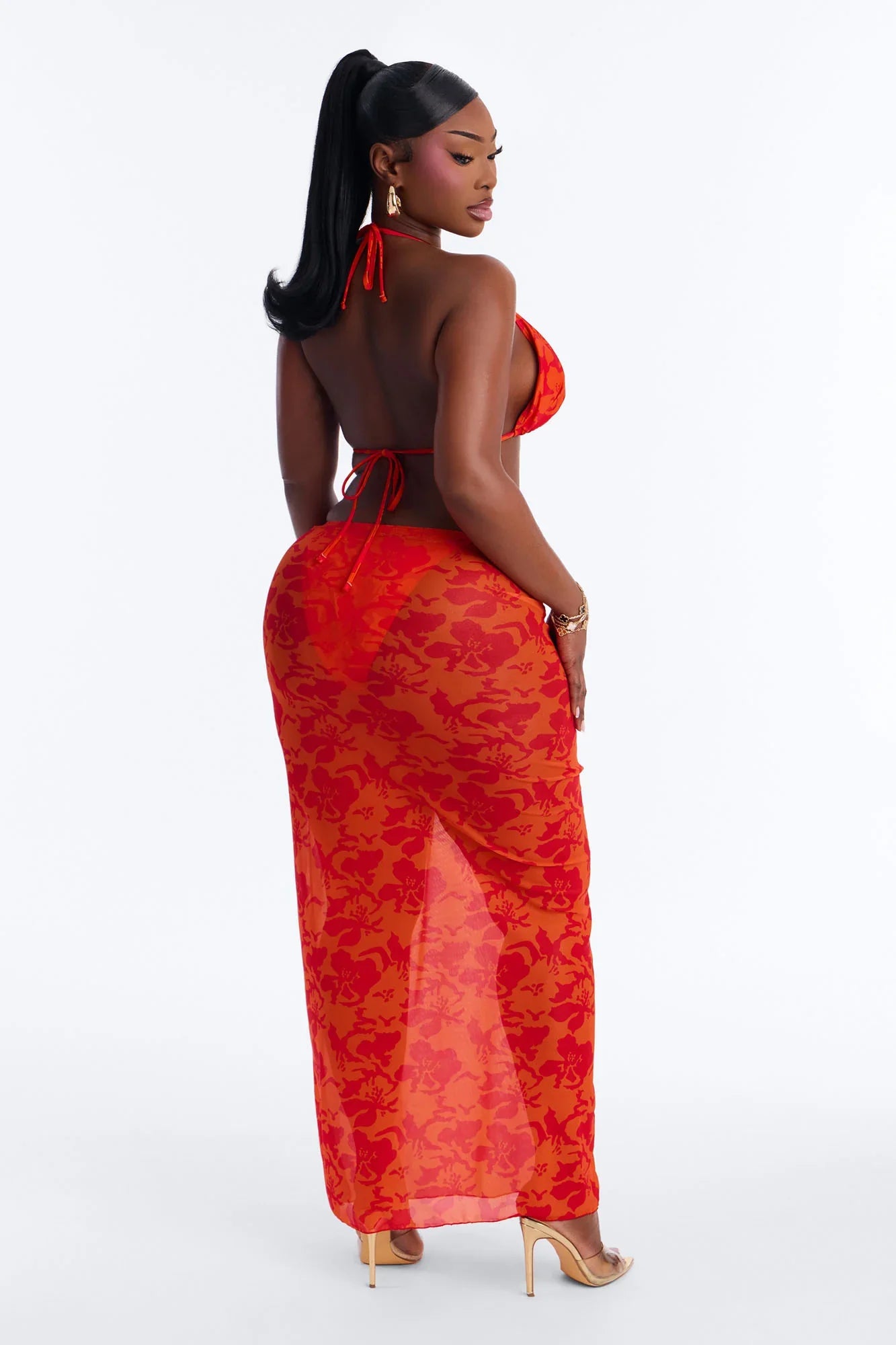 Mirella 3 Piece Floral Triangle Bikini & Cover Up Skirt Sunsuit - Orange