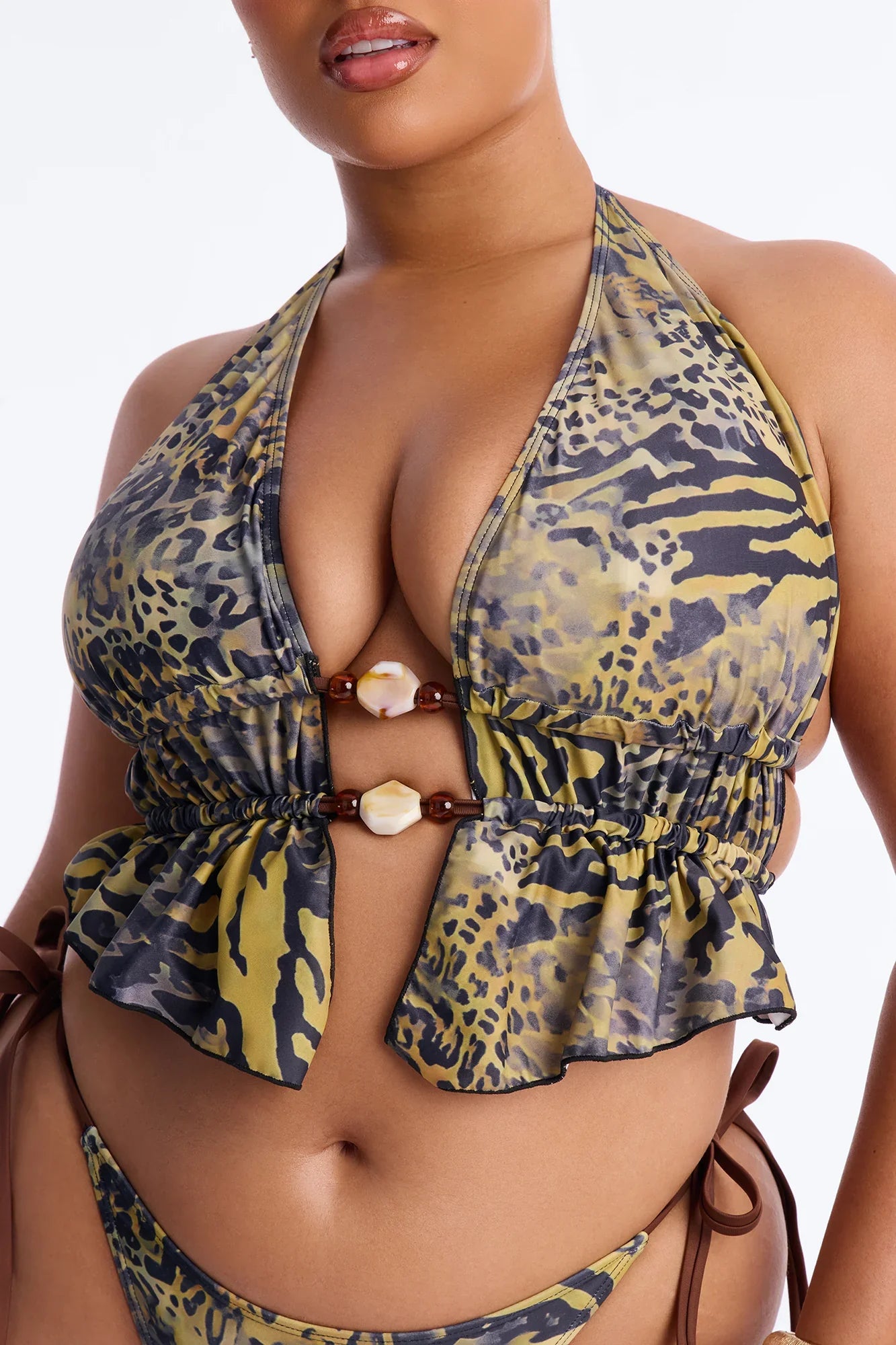 Soleil Goddess 2 Piece Leopard Tankini Beaded Bikini Set - Brown/combo