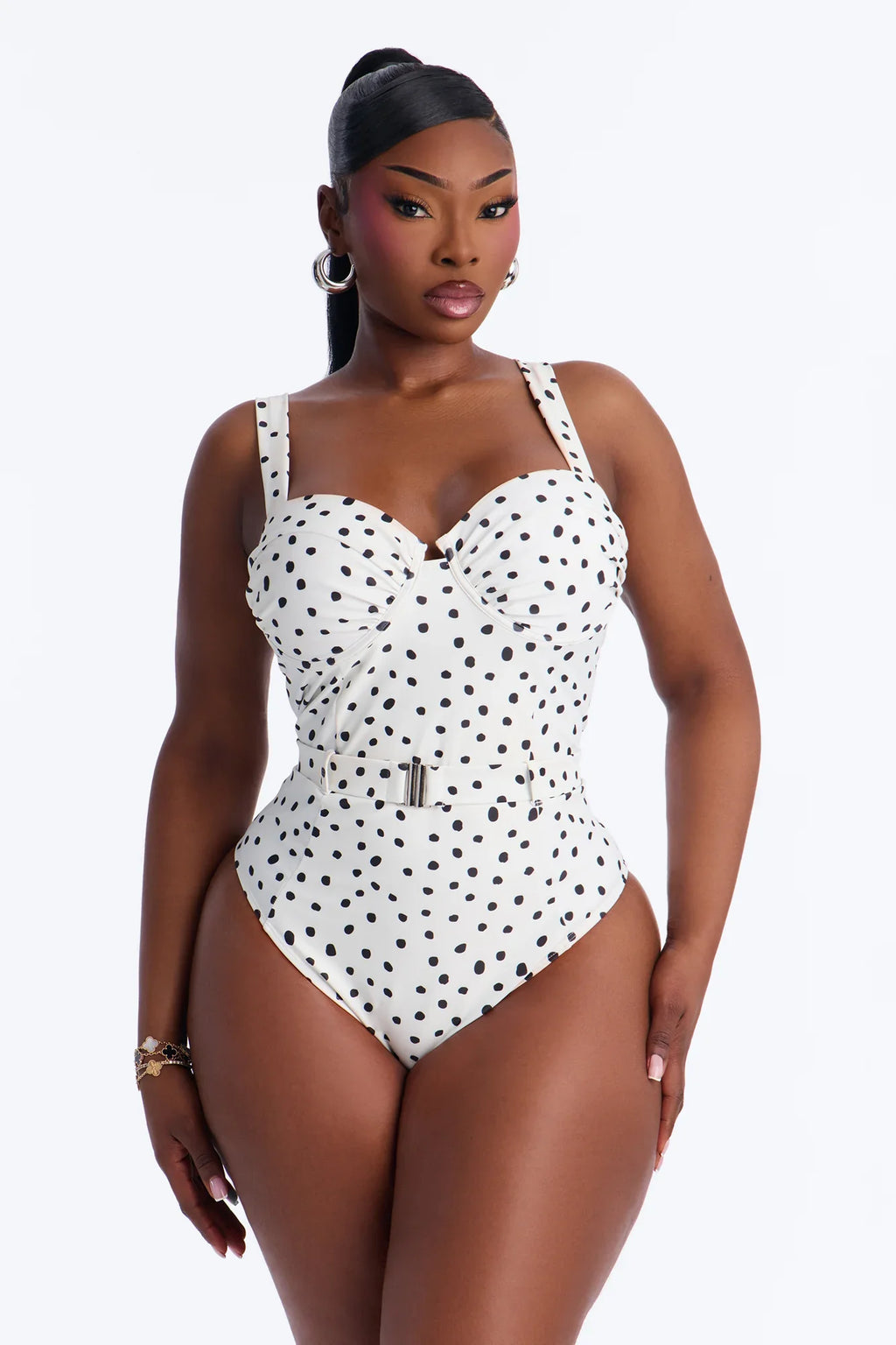 Coastal Romance 1 Piece Polka Dot Belted Underwire Swimsuit - White/Black