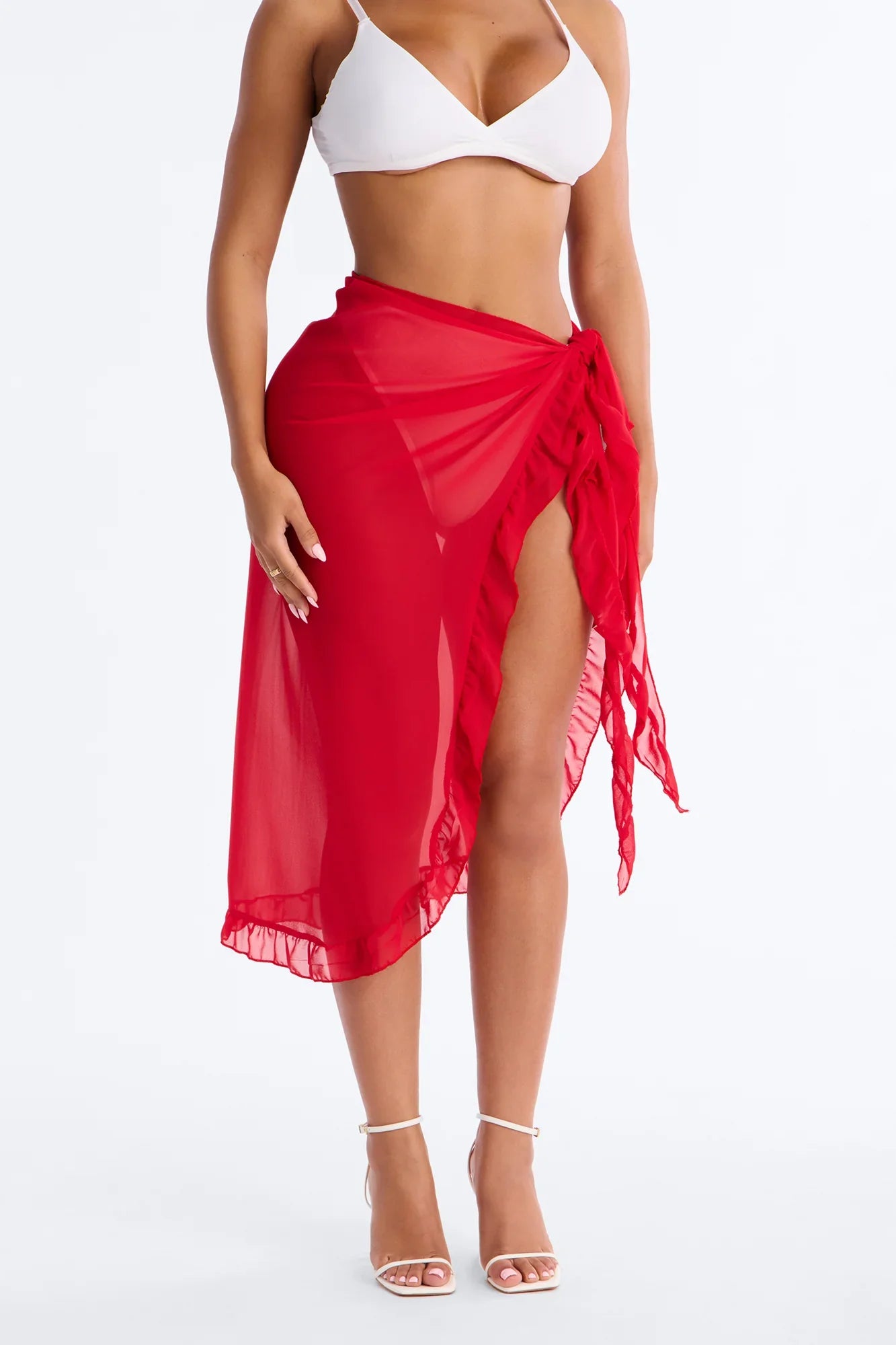 Beach Vibes Maxi Ruffle Trim Waist Tie Swim Cover Up Sarong - Red