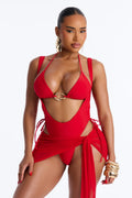 Angie 3 Piece Tied Triangle Bikini Waist Suit & Micro Mini Skirt Sunsuit - Red