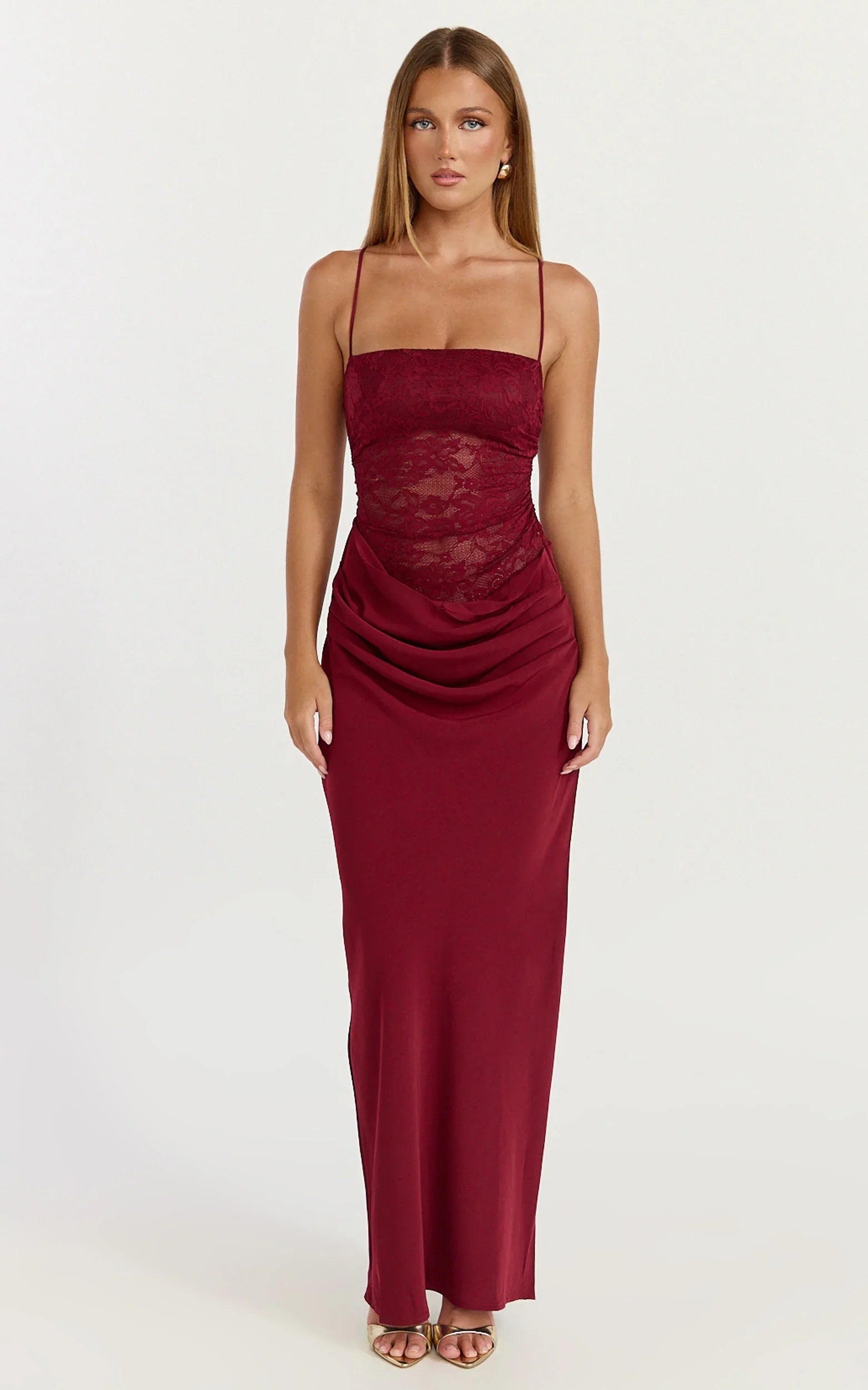 Rania Maxi Dress - Contrast Lace Bodice Bias Cowl Drop Waist Dress in Wine