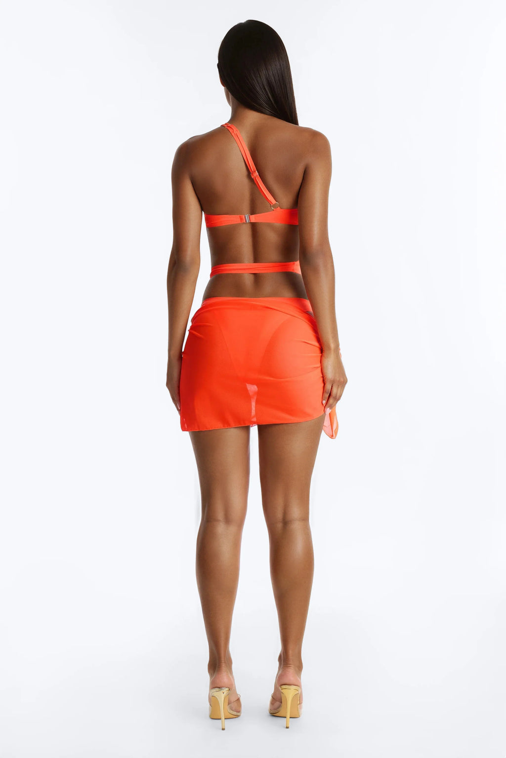 Sunset Fever 1 Piece Strappy One Shoulder Swimsuit & Cover Up Sarong Sunsuit - Neon Orange