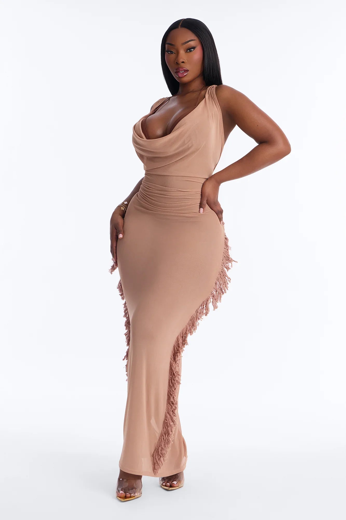 Keep Cool Fringe Hooded Mesh Cover Up Maxi Dress - Mocha