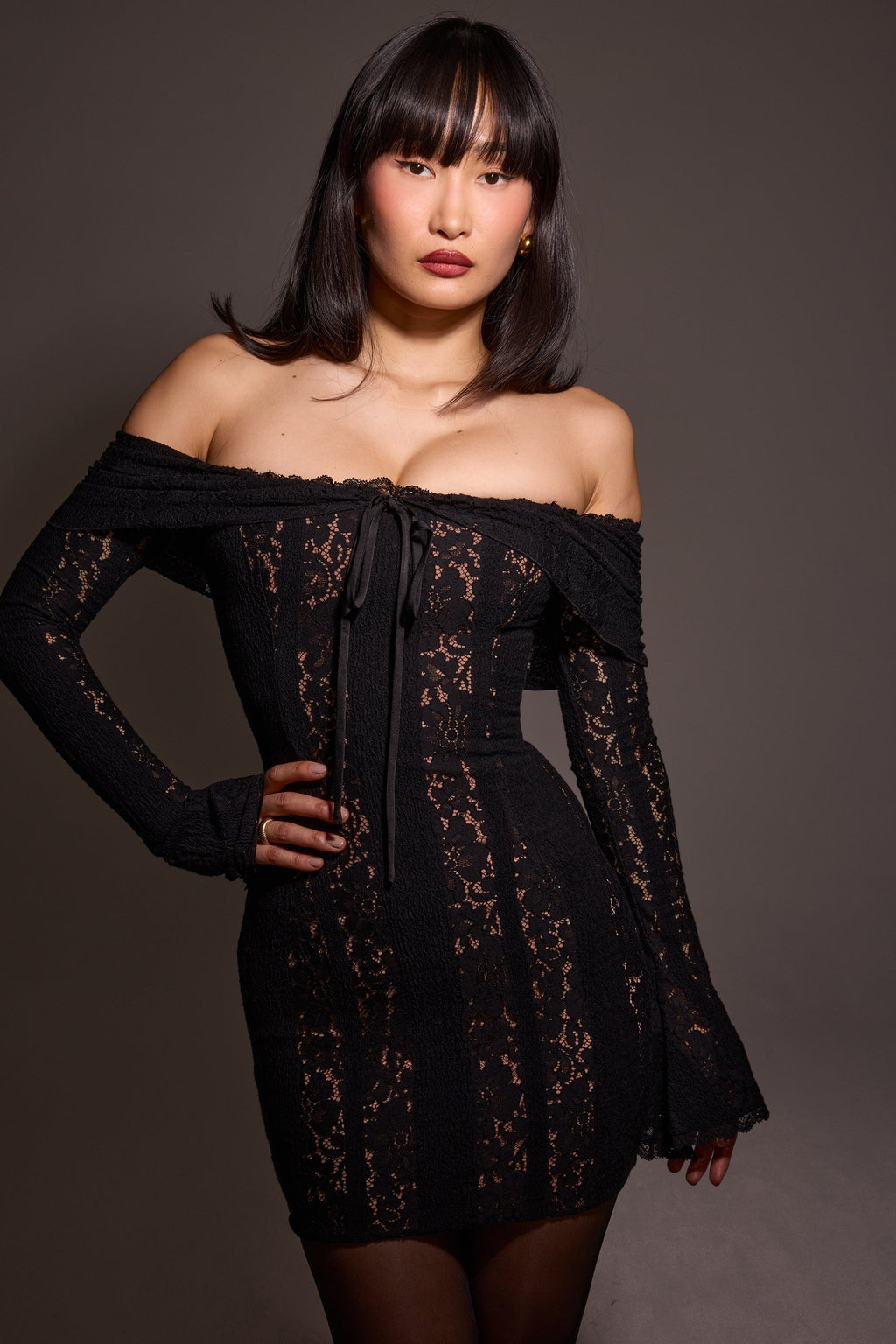 black floral lace off shoulder mini dress
