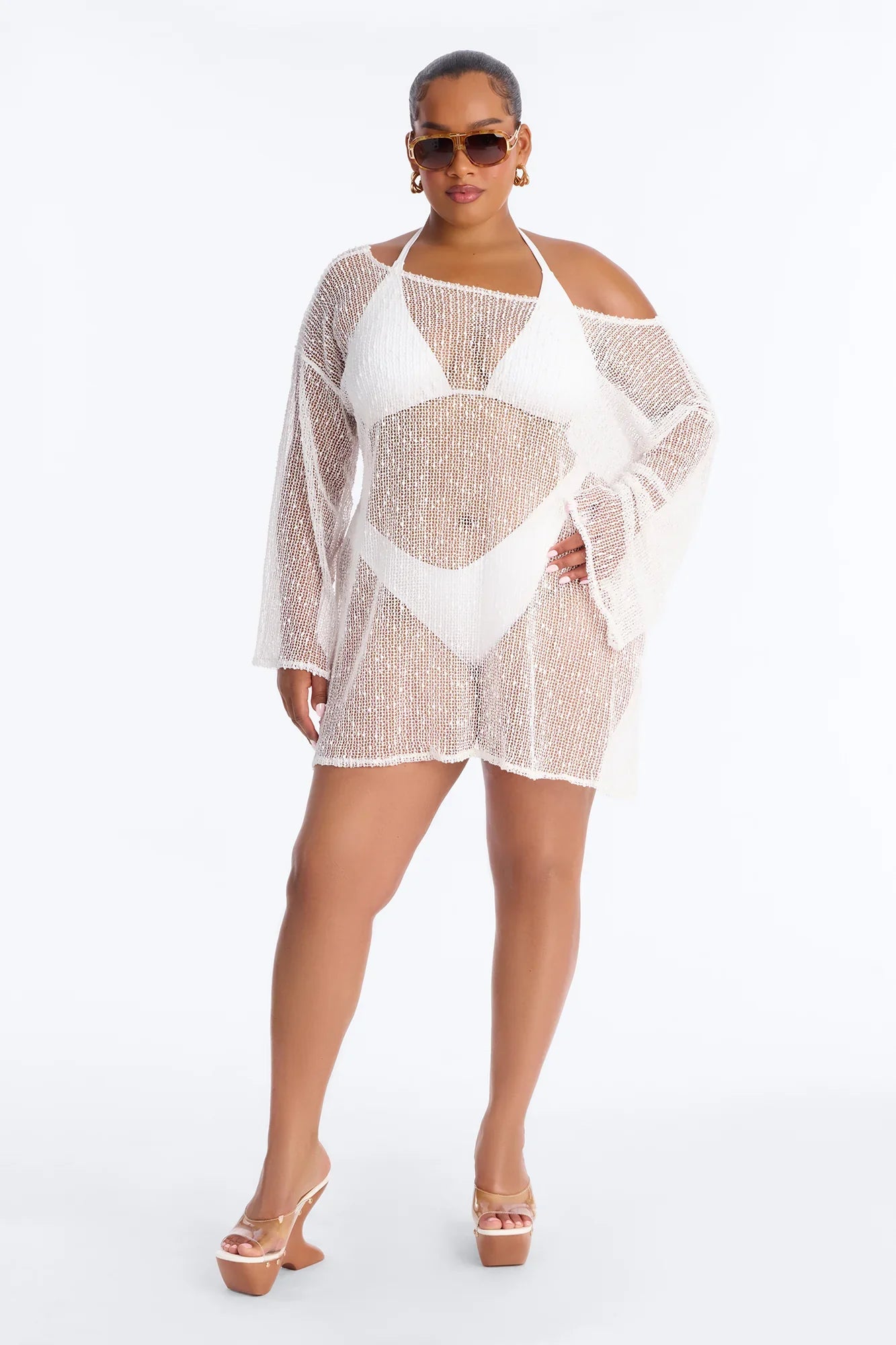 Sarah Textured Long Sleeves Off Shoulder Swim Cover Up Top - White