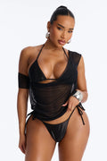 Pearl Horizon Satin 3 Piece Beaded Bikini Set - Black