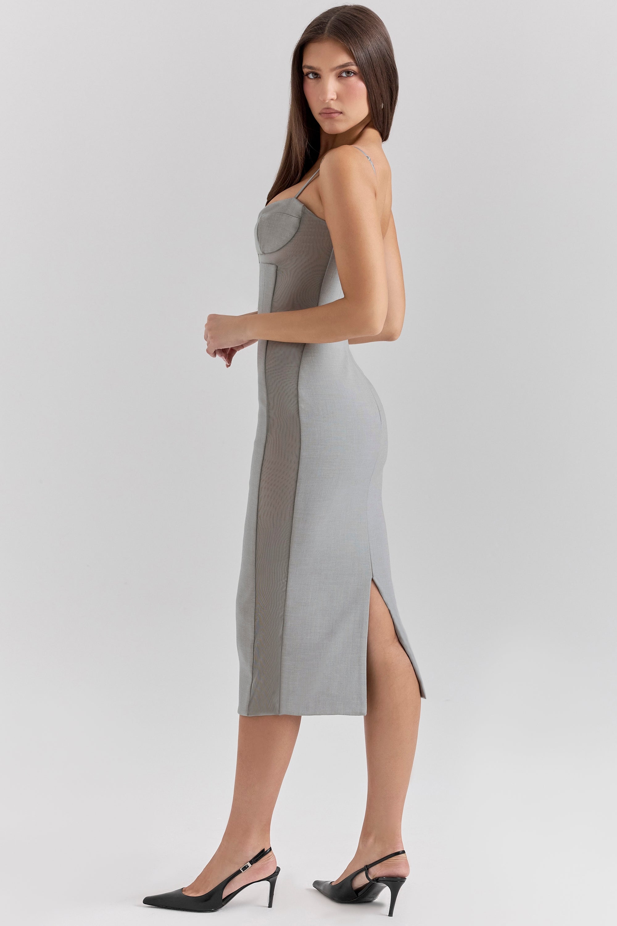 light grey mesh panelled bodycon midi dress
