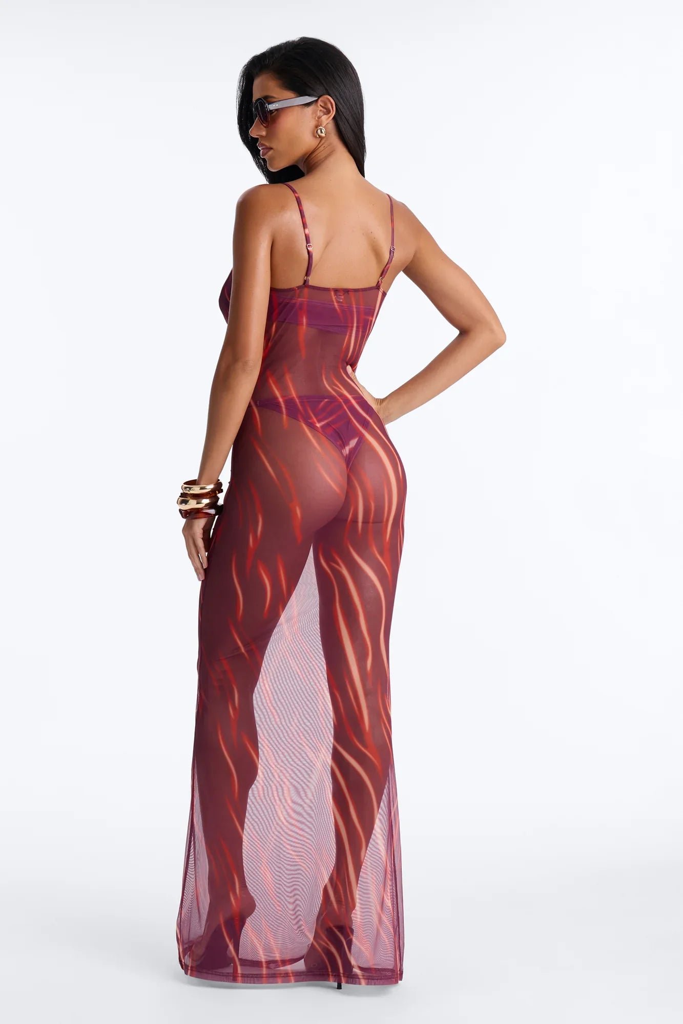 Soul On Fire 3 Piece Bandeau Bikini & Cover Up Plunge Maxi Dress - Red/combo