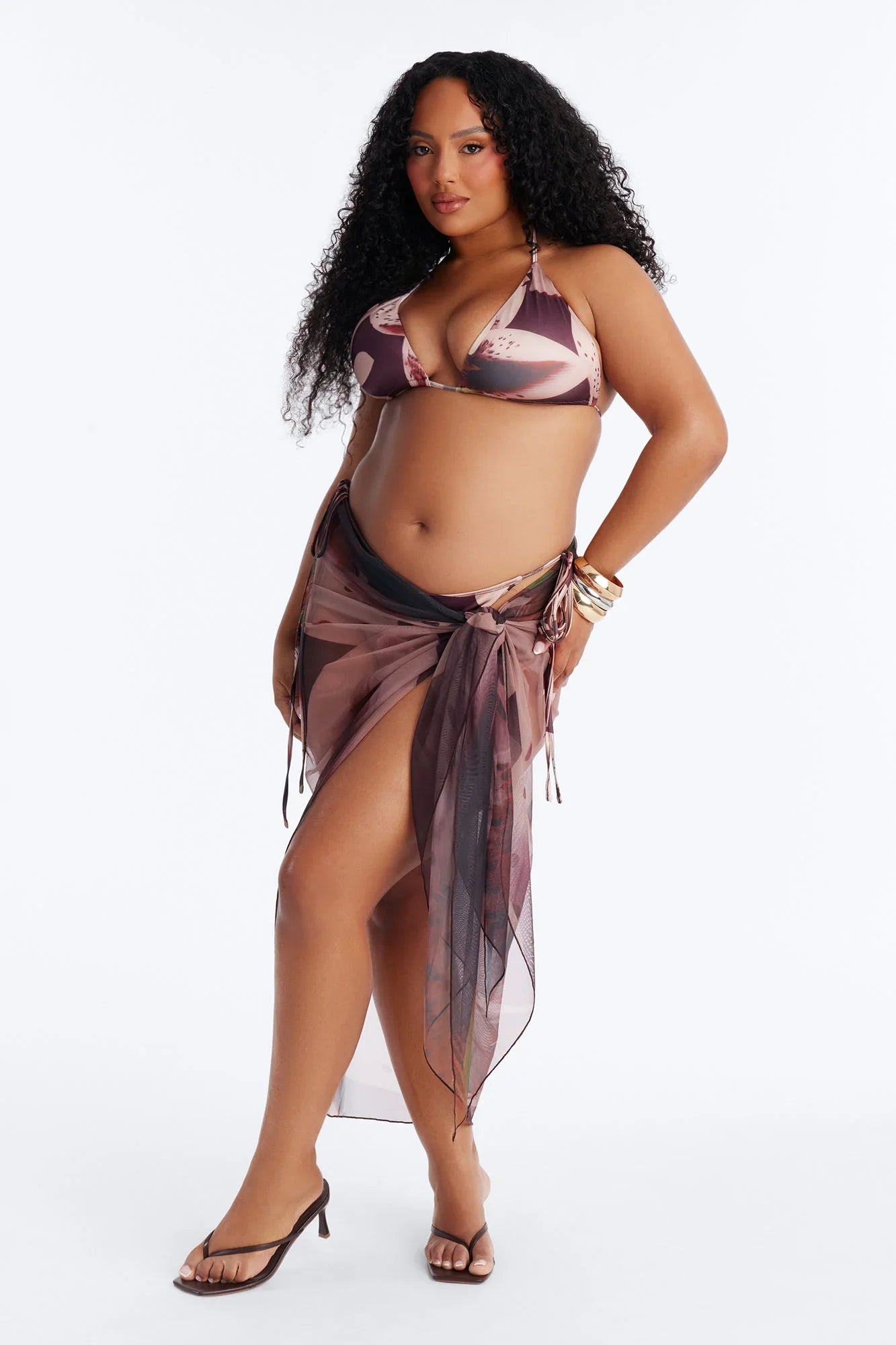 Sunset Sip Floral 3 Piece Bikini Sarong Set - Brown/combo