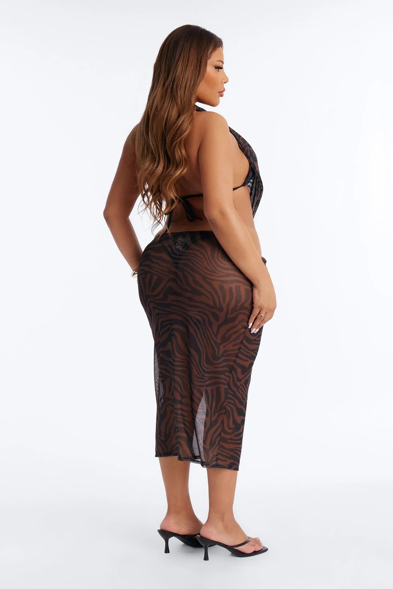 Royal Sand Sheer Halter Deep V-Neck Swim Cover Up Midi Dress - Brown/combo
