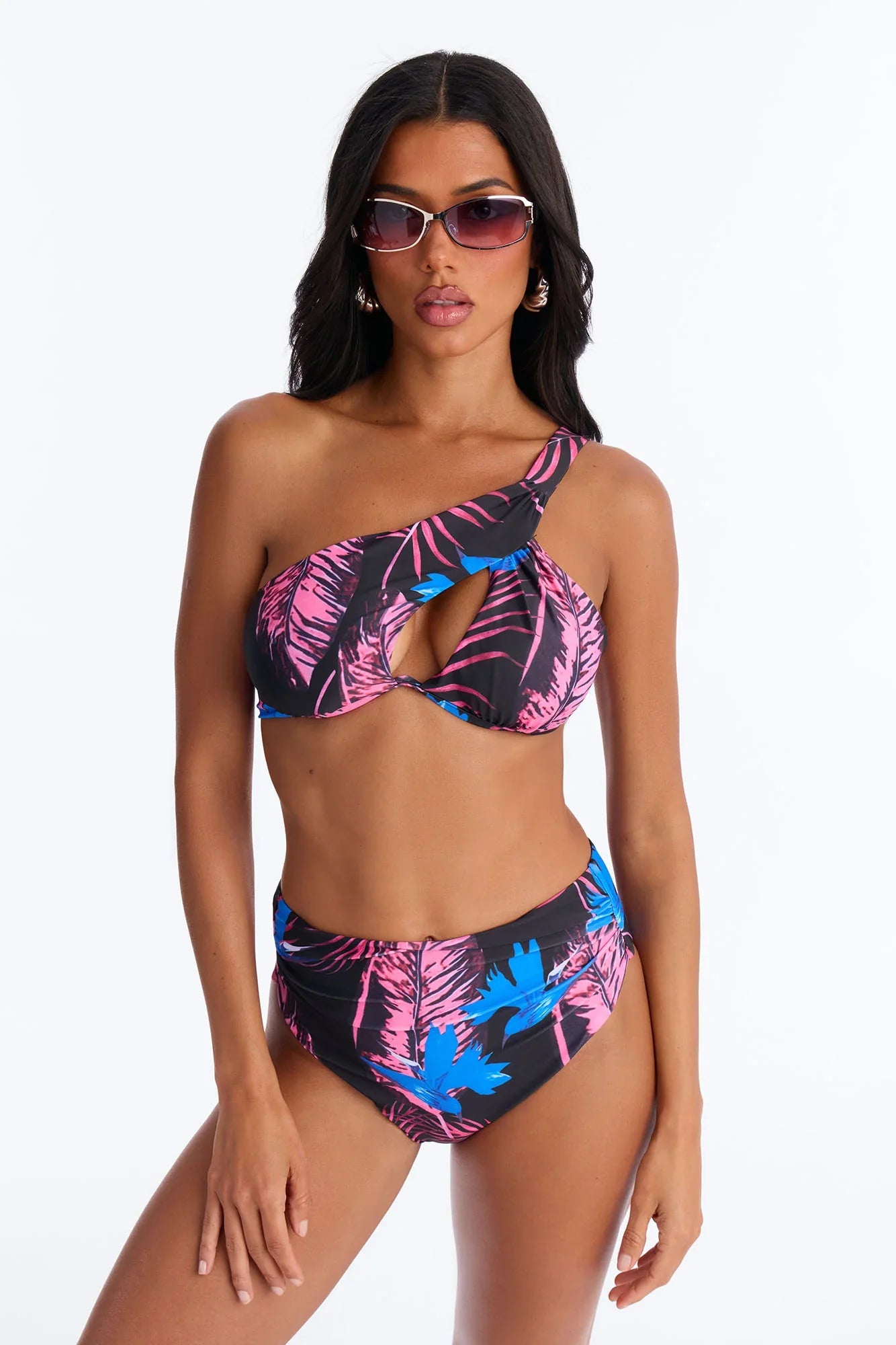 Nothing Like The Tropical Floral Underwire One Shoulder High Waist Maxi 3 Piece Bikini Kimono Set - Purple/combo