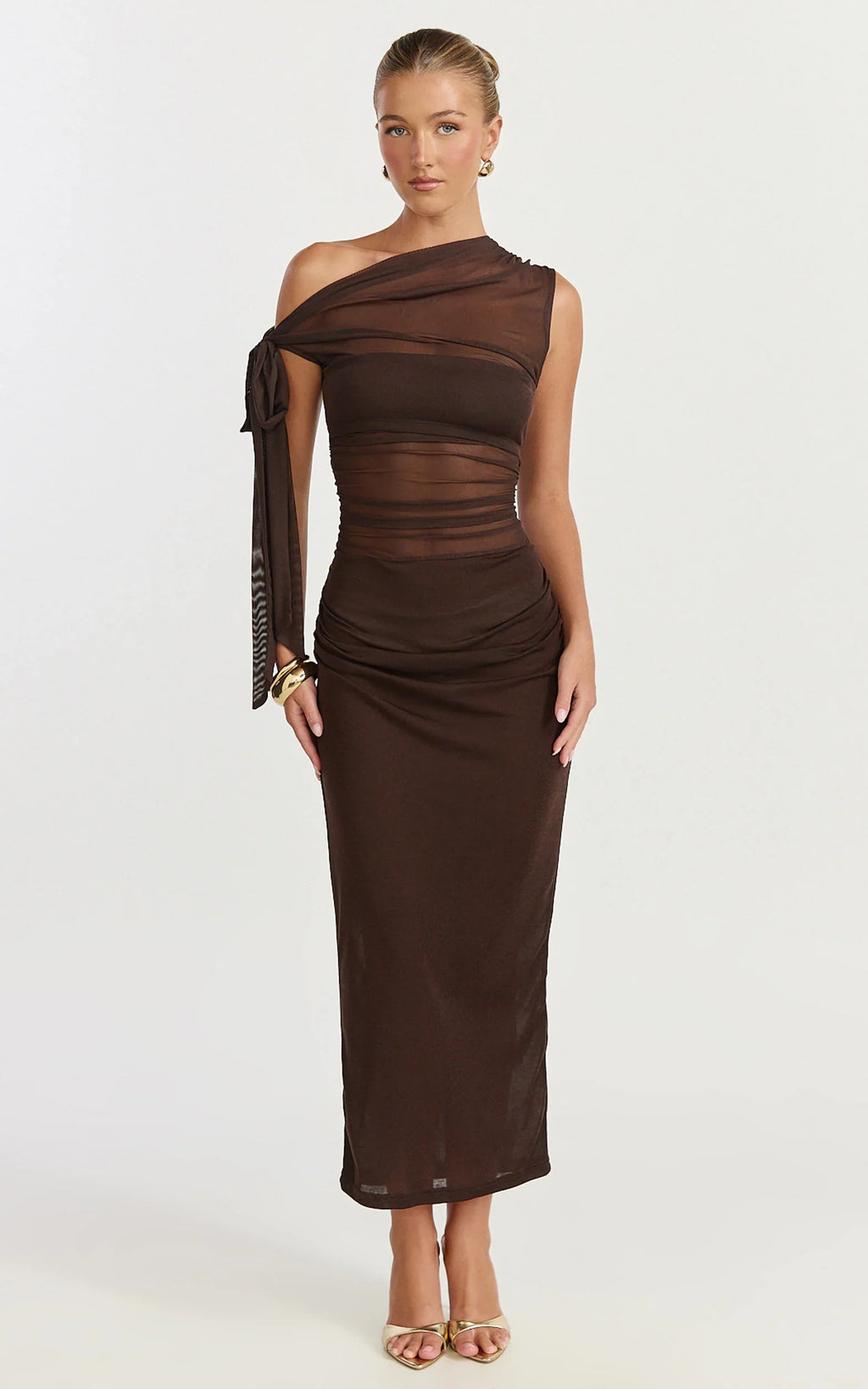 Astrid Midi Dress - Asymmetrical Off Shoulder Tie Detail Dress in Chocolate