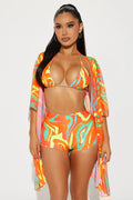 Kairi Ruched Boyshort & Kimono 3 Piece Bikini Set - Orange/combo