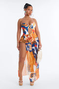 Nola Abstract 1 Piece Strapless Swimsuit & Mesh Cover Up Maxi Skirt - Multi Color