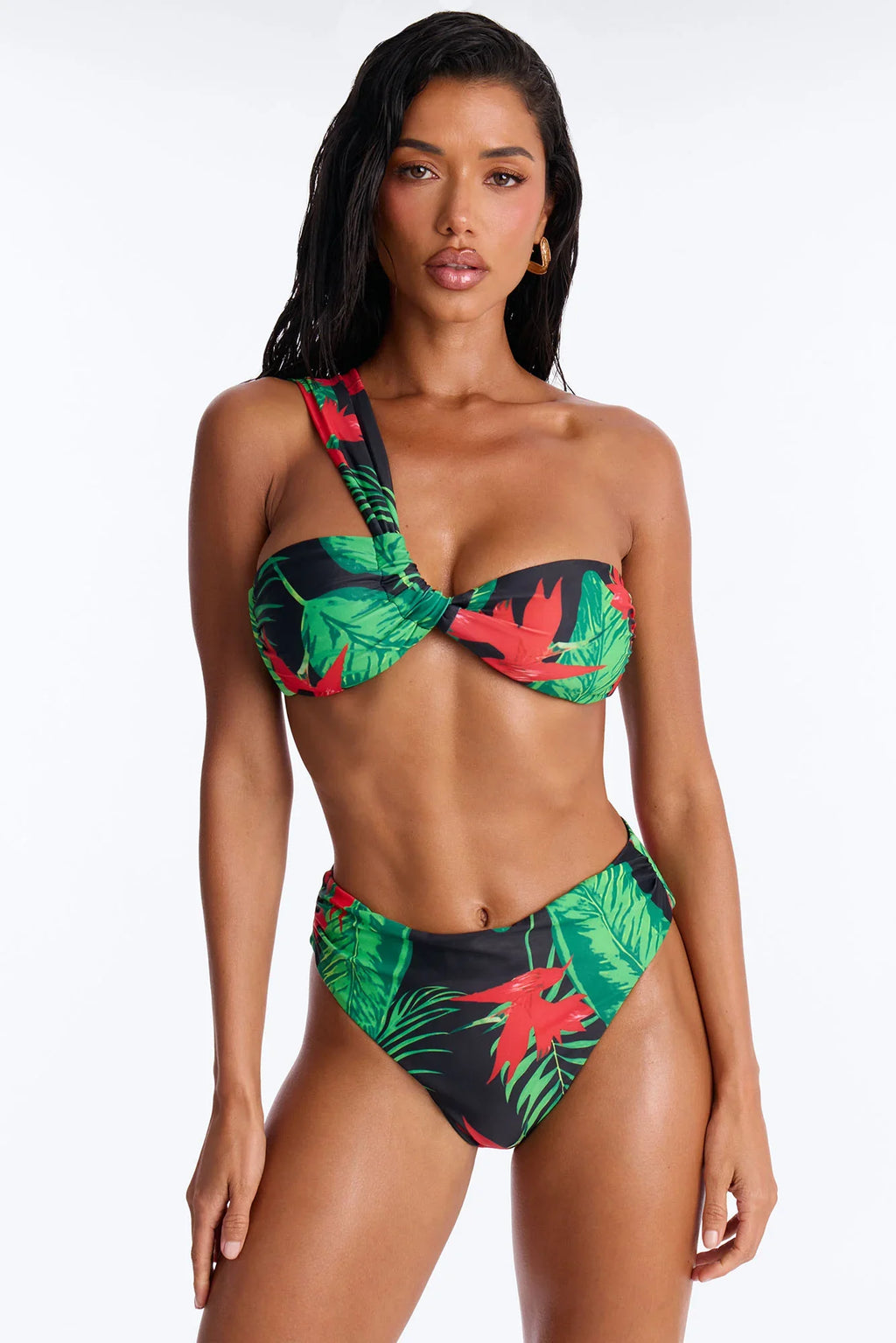 Where The Summer Never Ends Tropical Floral One Shoulder High Waist Maxi 3 Piece Bikini Kimono Set - Green/combo
