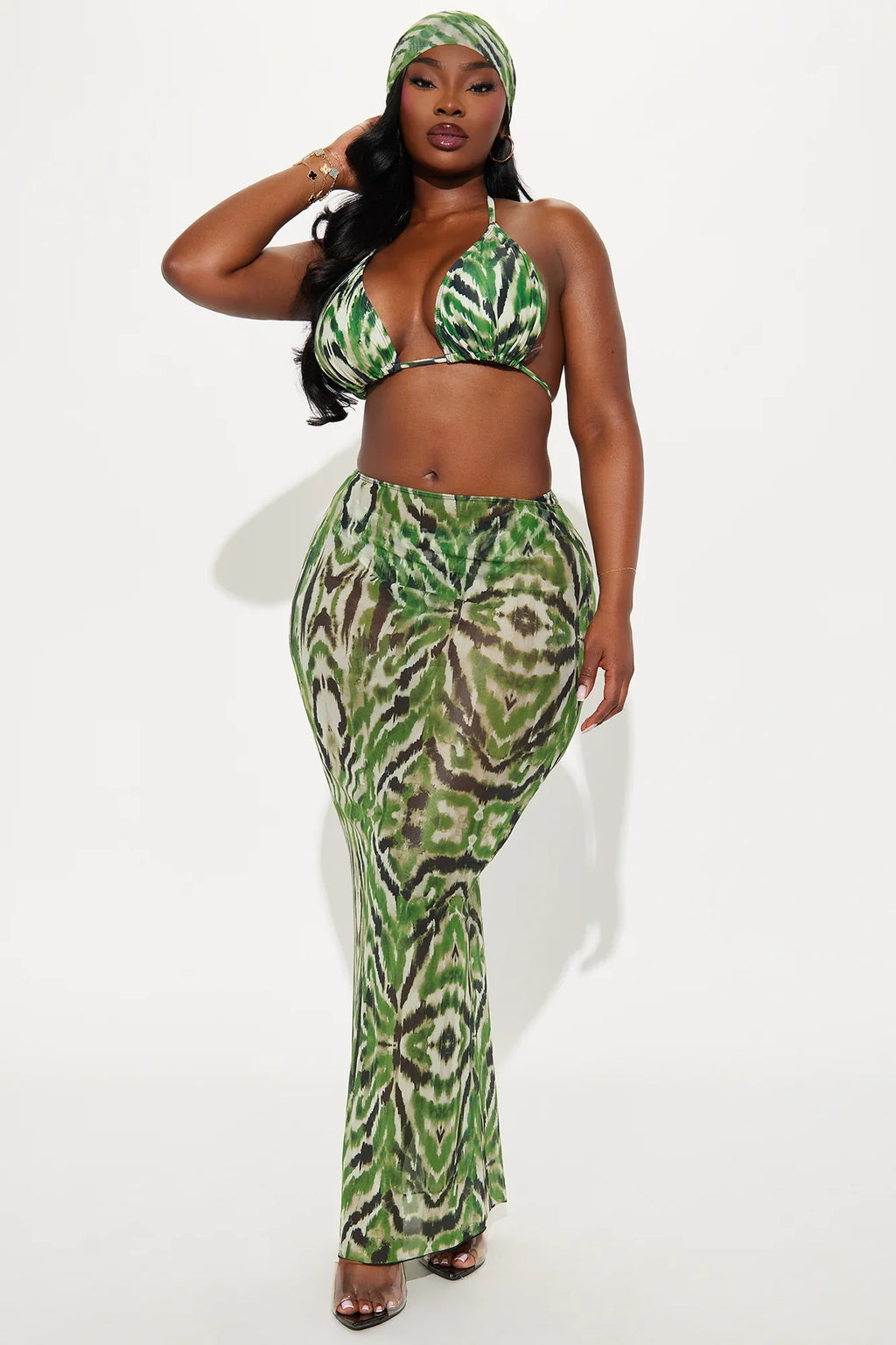 Selena 4 Piece Bikini Maxi Skirt & Headscarf Set - Green/combo