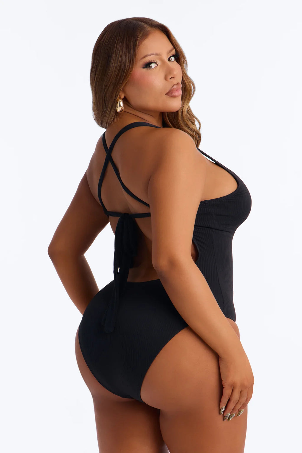 Clear Water Textured Lace Up V-Neck 1 Piece Swimsuit - Black