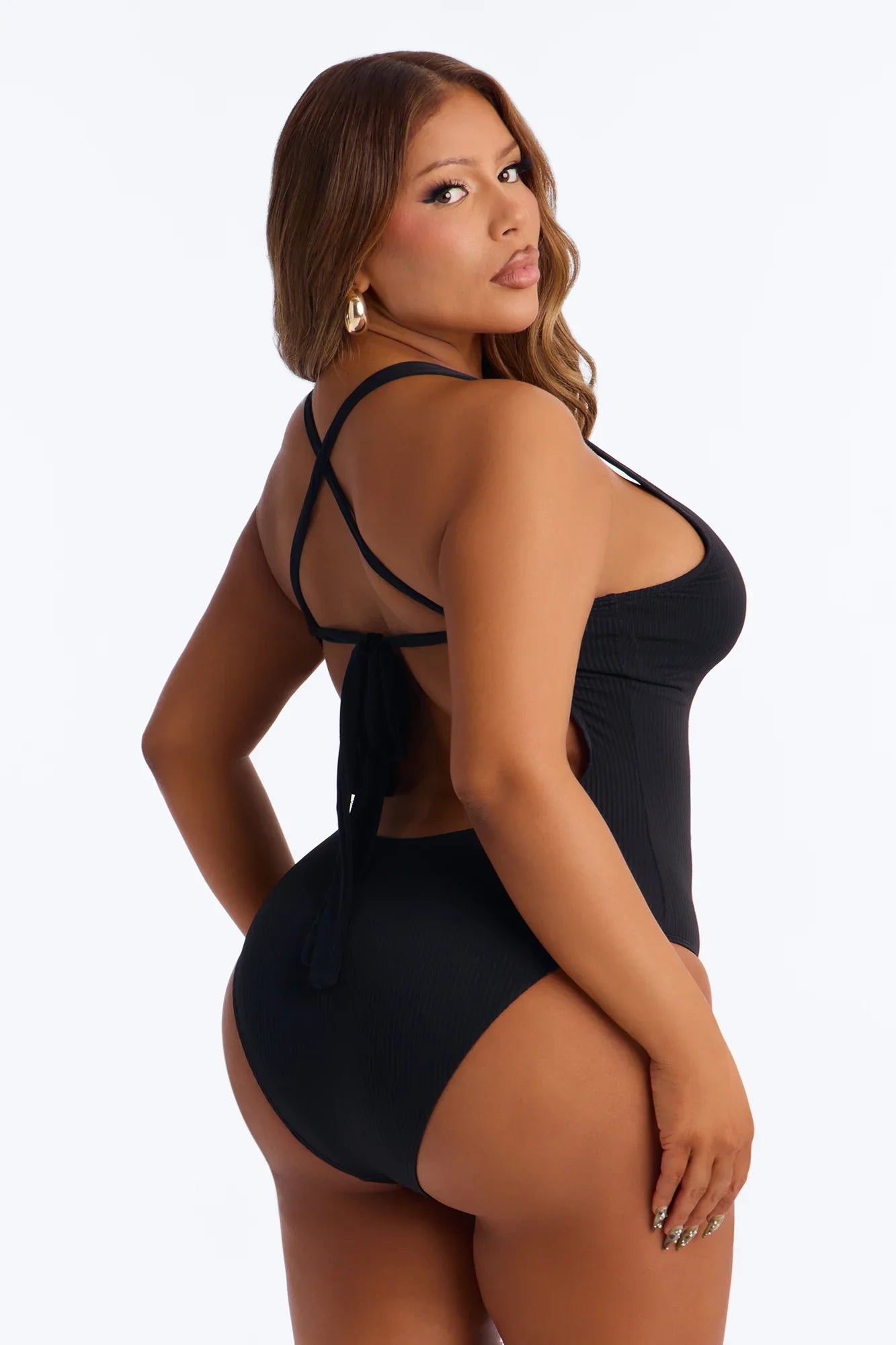 Clear Water Textured Lace Up V-Neck 1 Piece Swimsuit - Black